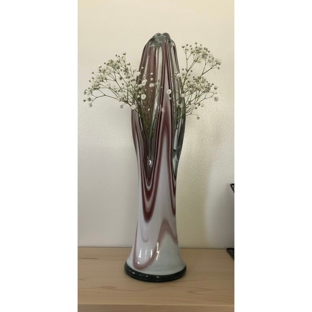 Vntg Hand Blown Art Glass Vase 17" Swirl Stripe Brown White Clear Murano Style
